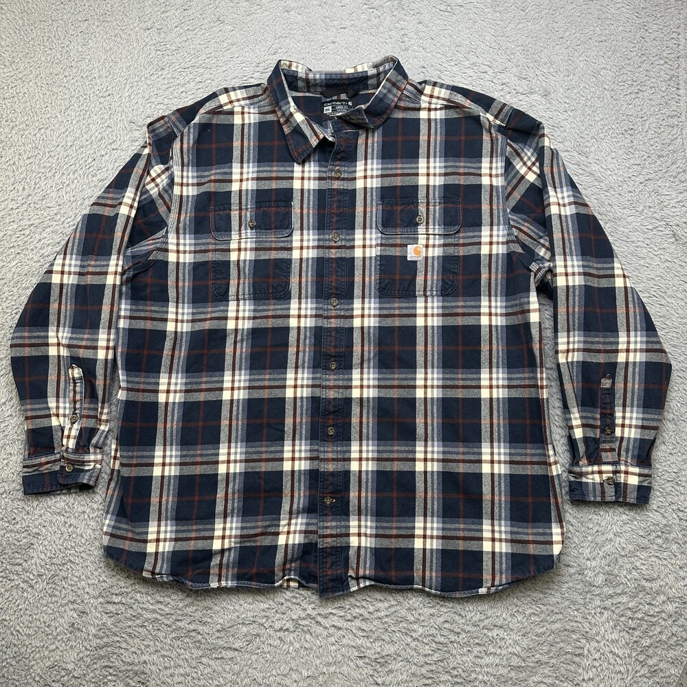 Carhartt Flannel Shirt Mens 3XL Blue White Plaid Loose Fit Heavyweight